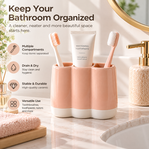 xezvynuq Peach 3-Compartment Toothbrush Holder — features and use