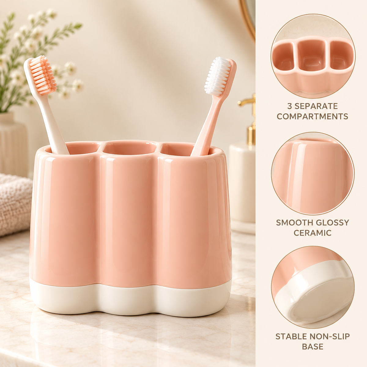 xezvynuq Peach 3-Compartment Toothbrush Holder — features and use