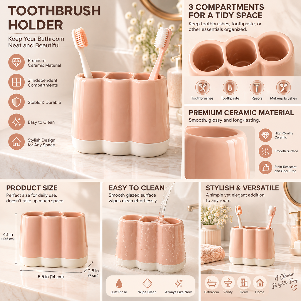 xezvynuq Peach 3-Compartment Toothbrush Holder — features and use