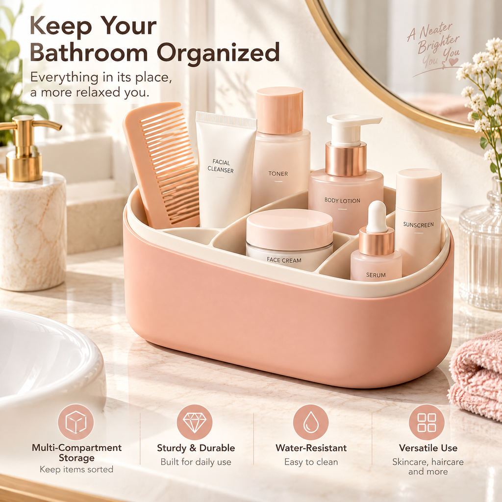 xezvynuq Peach Divided Bathroom Organizer — features and use