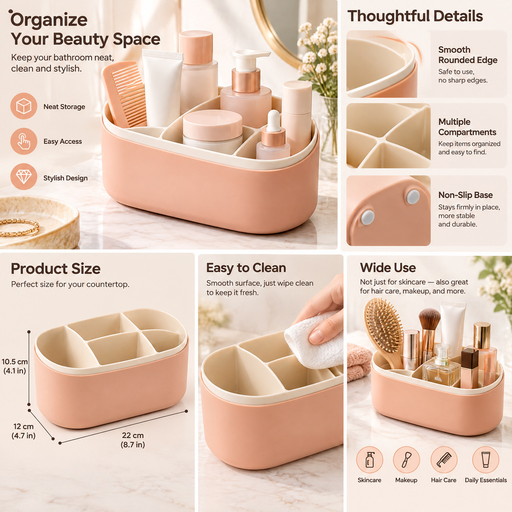 xezvynuq Peach Divided Bathroom Organizer — features and use