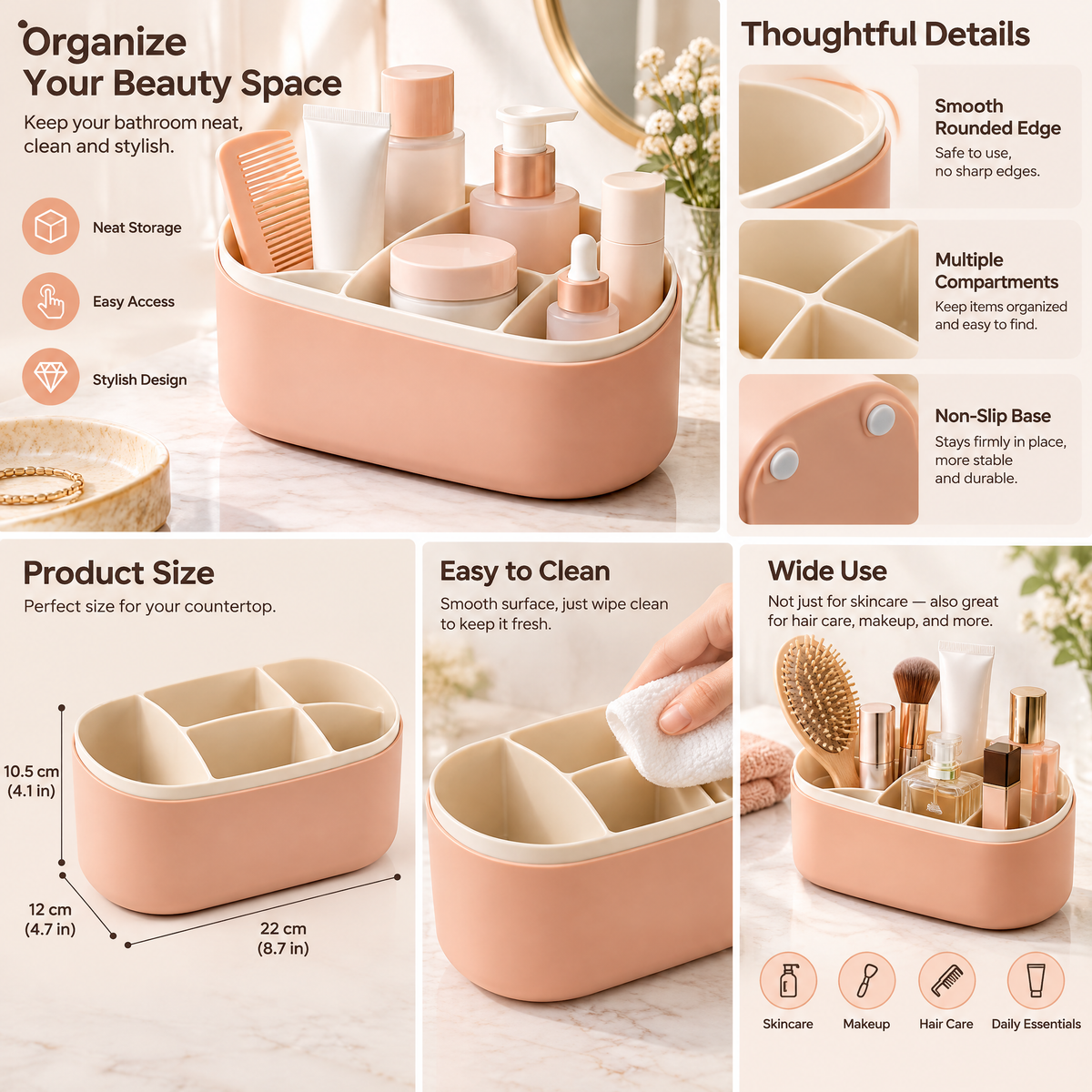 xezvynuq Peach Divided Bathroom Organizer — features and use