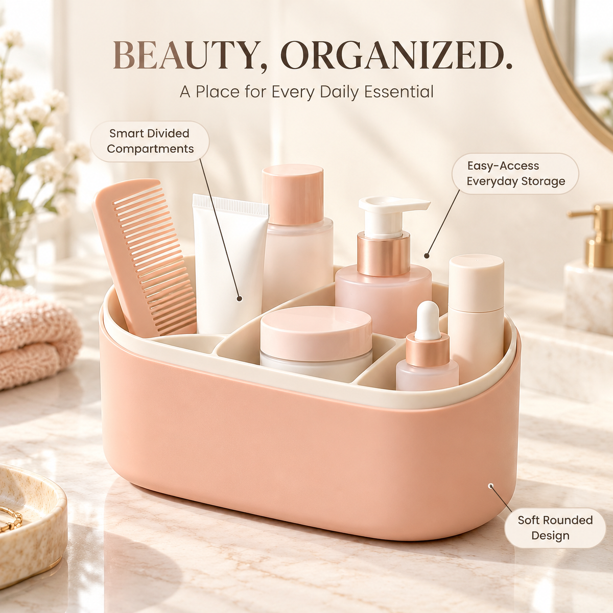xezvynuq Peach Divided Bathroom Organizer — features and use