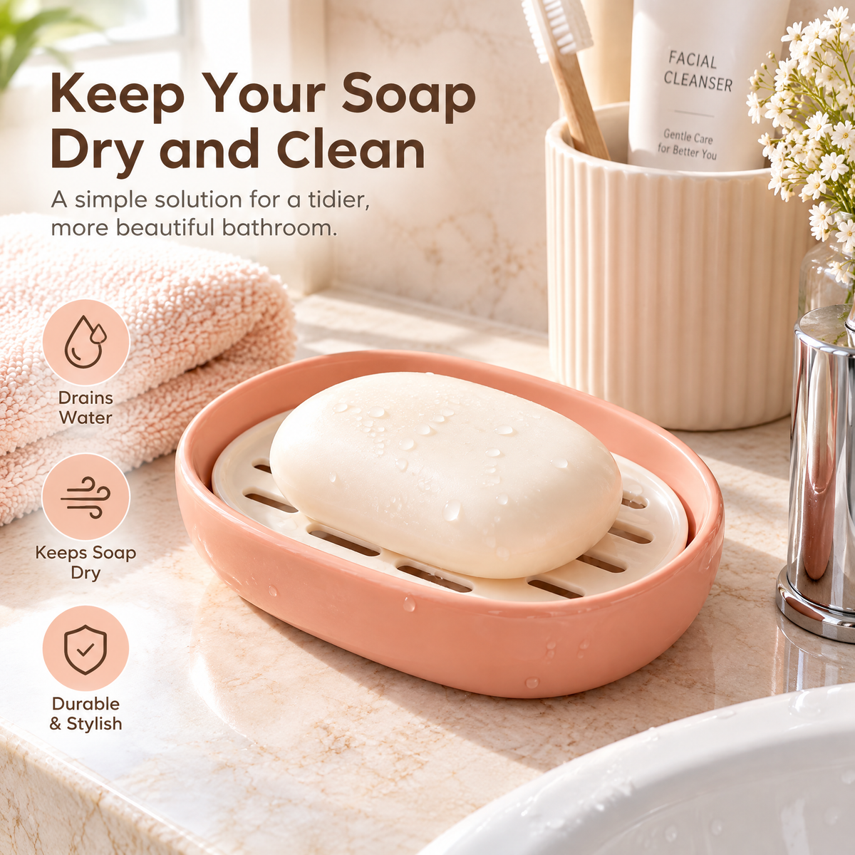 xezvynuq Peach Oval Soap Dish with Drain Tray — features and use
