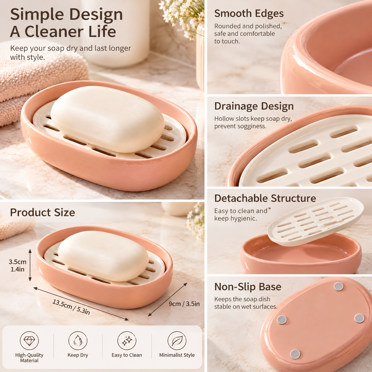xezvynuq Peach Oval Soap Dish with Drain Tray — features and use