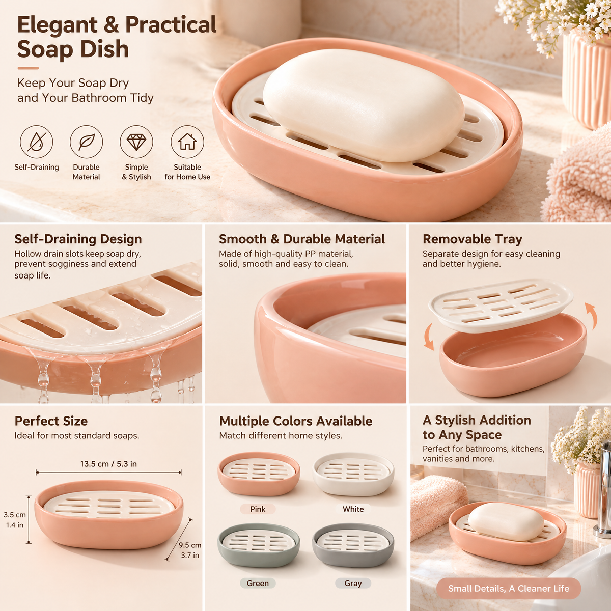 xezvynuq Peach Oval Soap Dish with Drain Tray — features and use