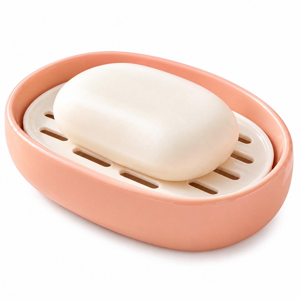 xezvynuq Peach Oval Soap Dish with Drain Tray — isolated product view