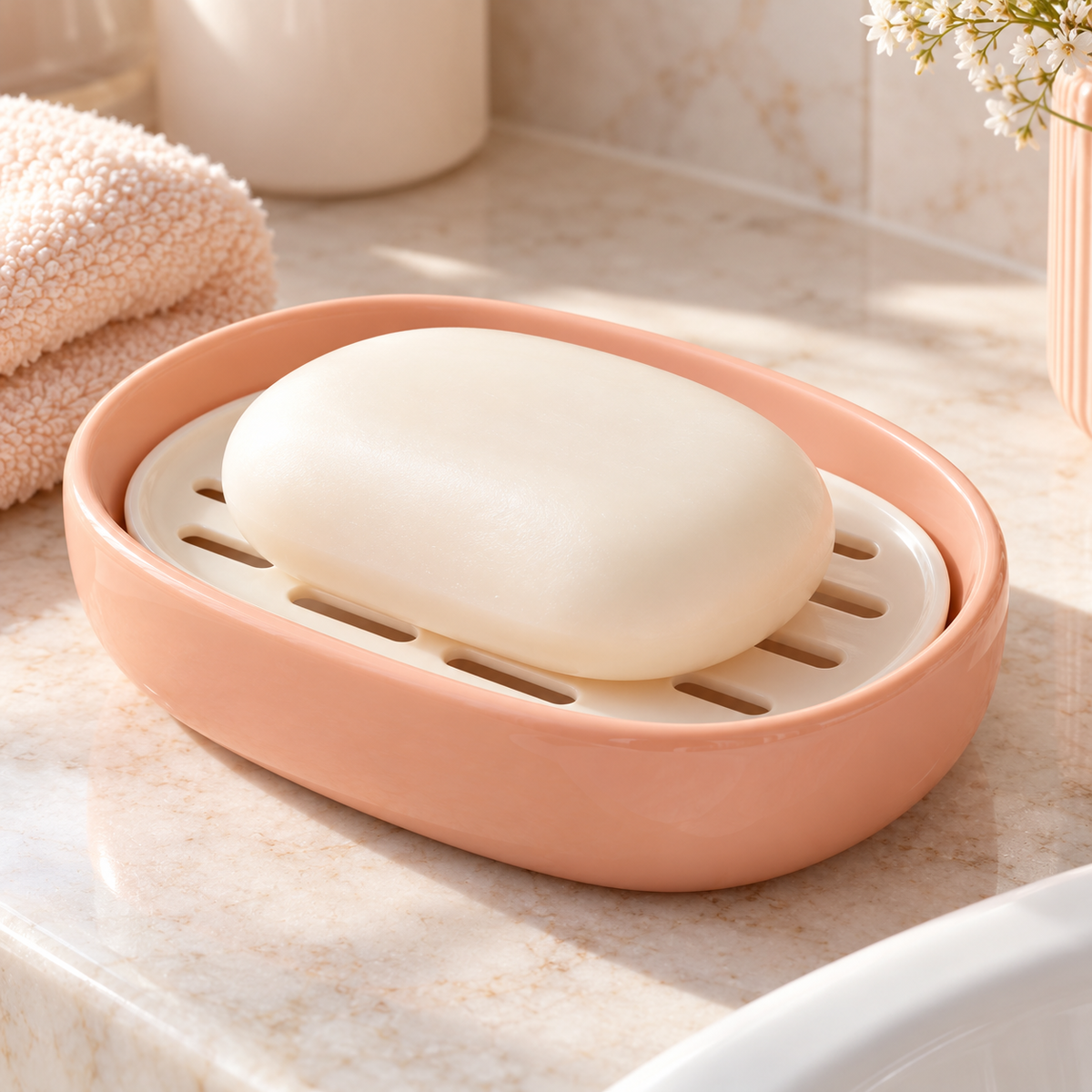 xezvynuq Peach Oval Soap Dish with Drain Tray — main product photo