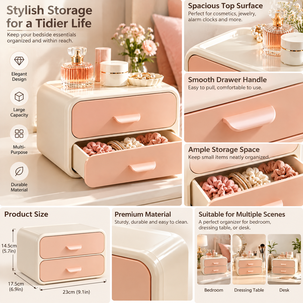 xezvynuq Peach 2-Drawer Vanity Organizer — features and use