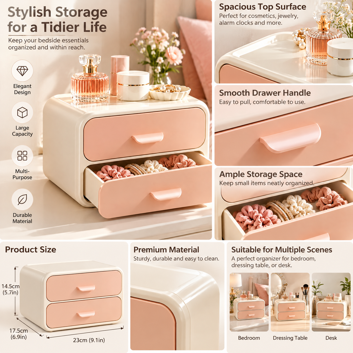 xezvynuq Peach 2-Drawer Vanity Organizer — features and use