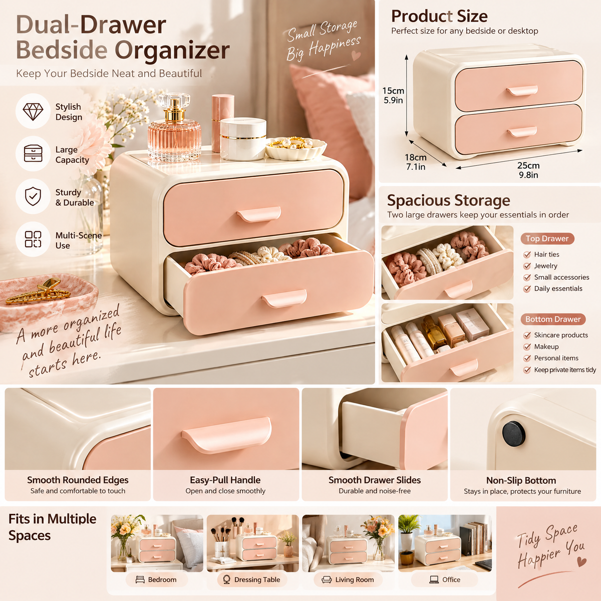 xezvynuq Peach 2-Drawer Vanity Organizer — features and use