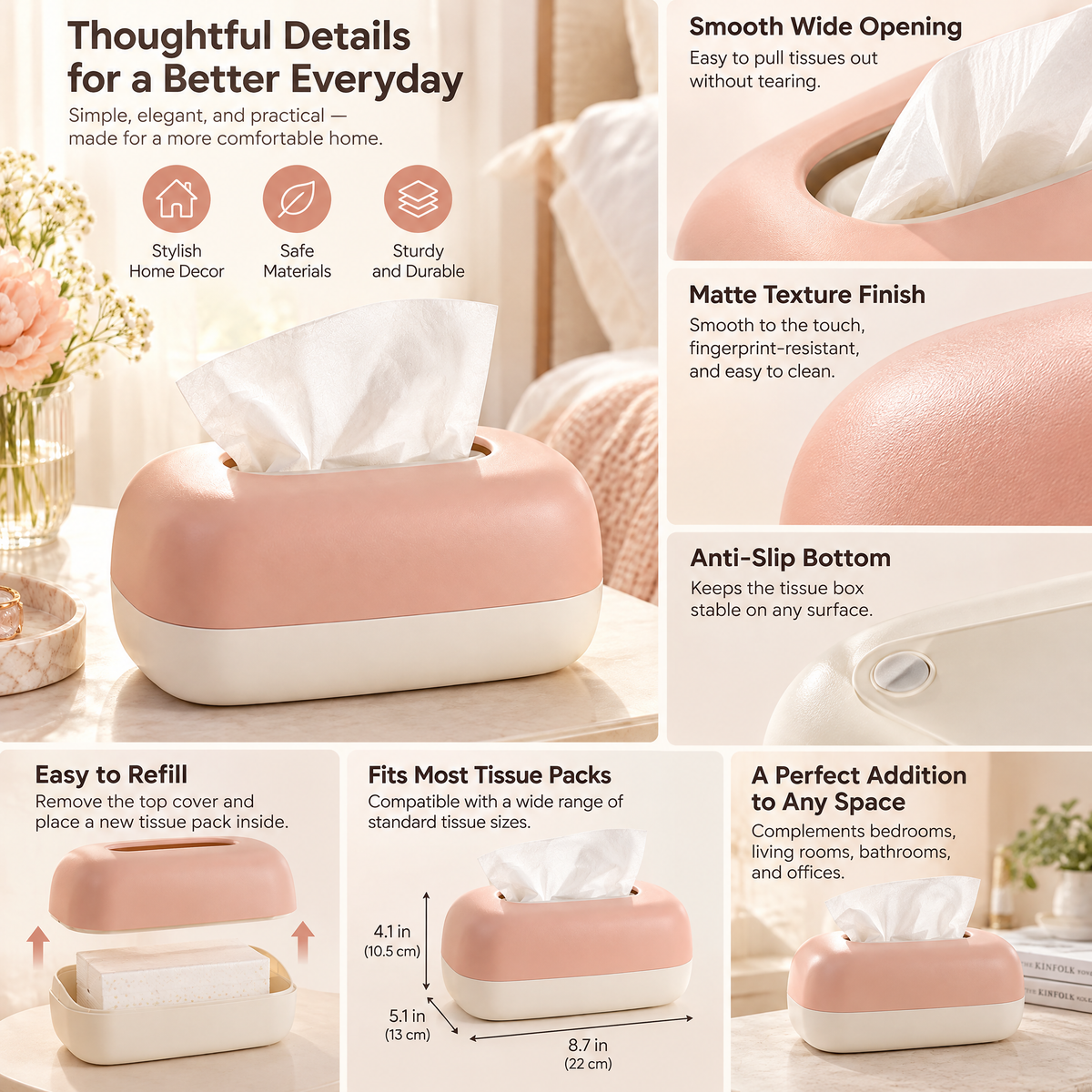 xezvynuq Peach & Ivory Tissue Holder — features and use