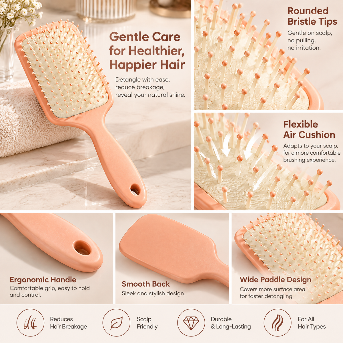 xezvynuq Peach Cushion Paddle Hairbrush — features and use