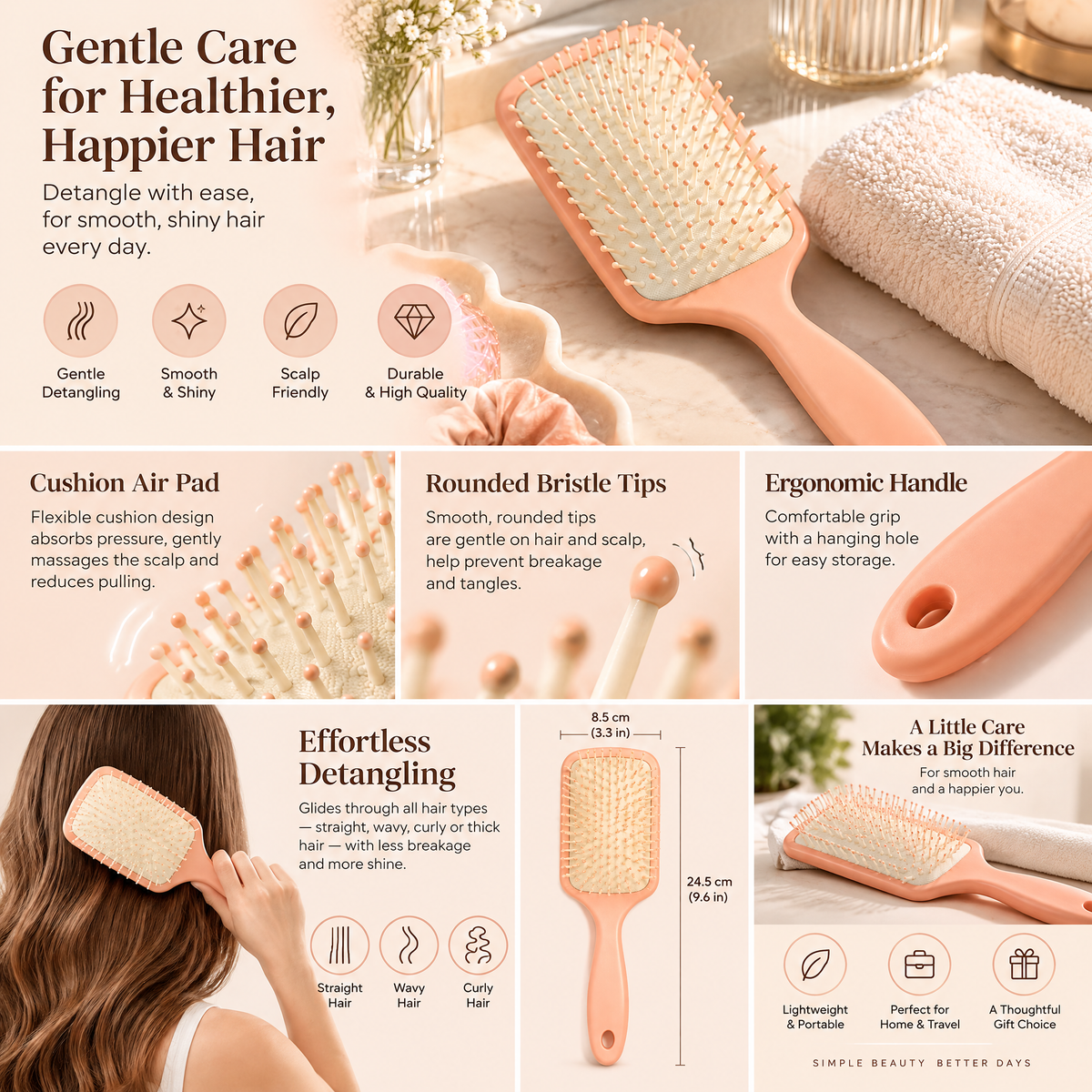 xezvynuq Peach Cushion Paddle Hairbrush — features and use