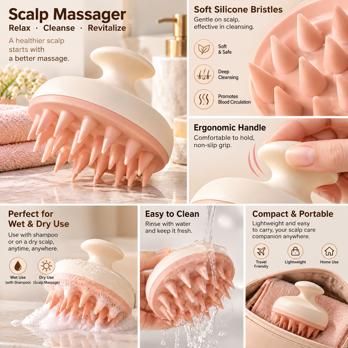 xezvynuq Peach Silicone Scalp Massager — features and use
