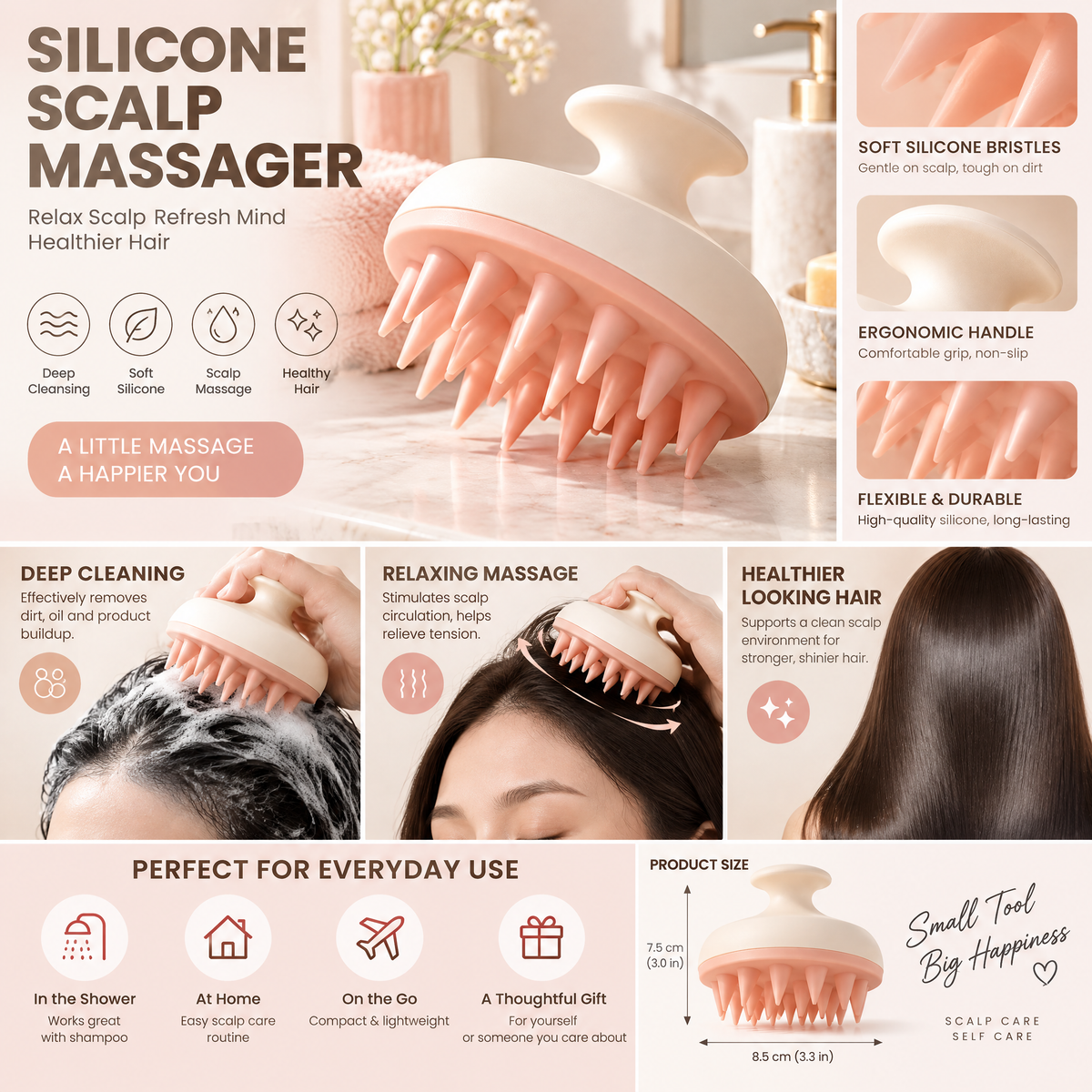 xezvynuq Peach Silicone Scalp Massager — features and use