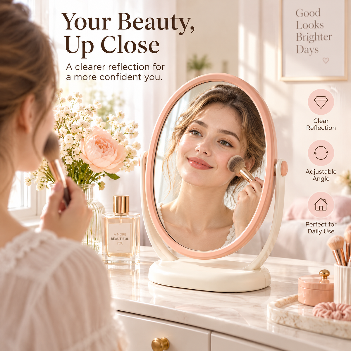 xezvynuq Peach Oval Tilting Vanity Mirror — features and use