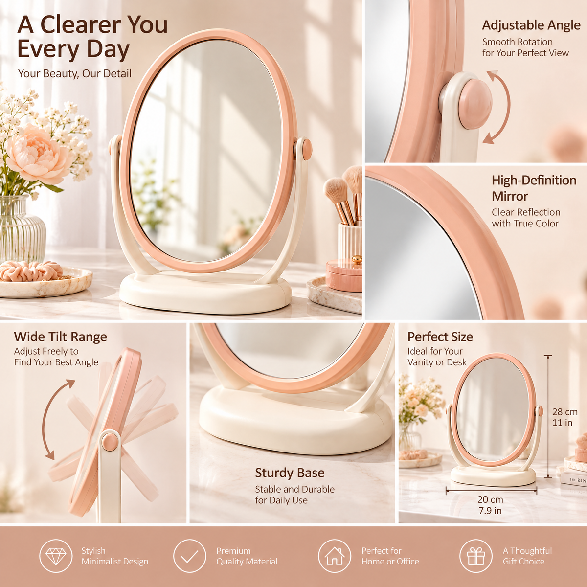 xezvynuq Peach Oval Tilting Vanity Mirror — features and use