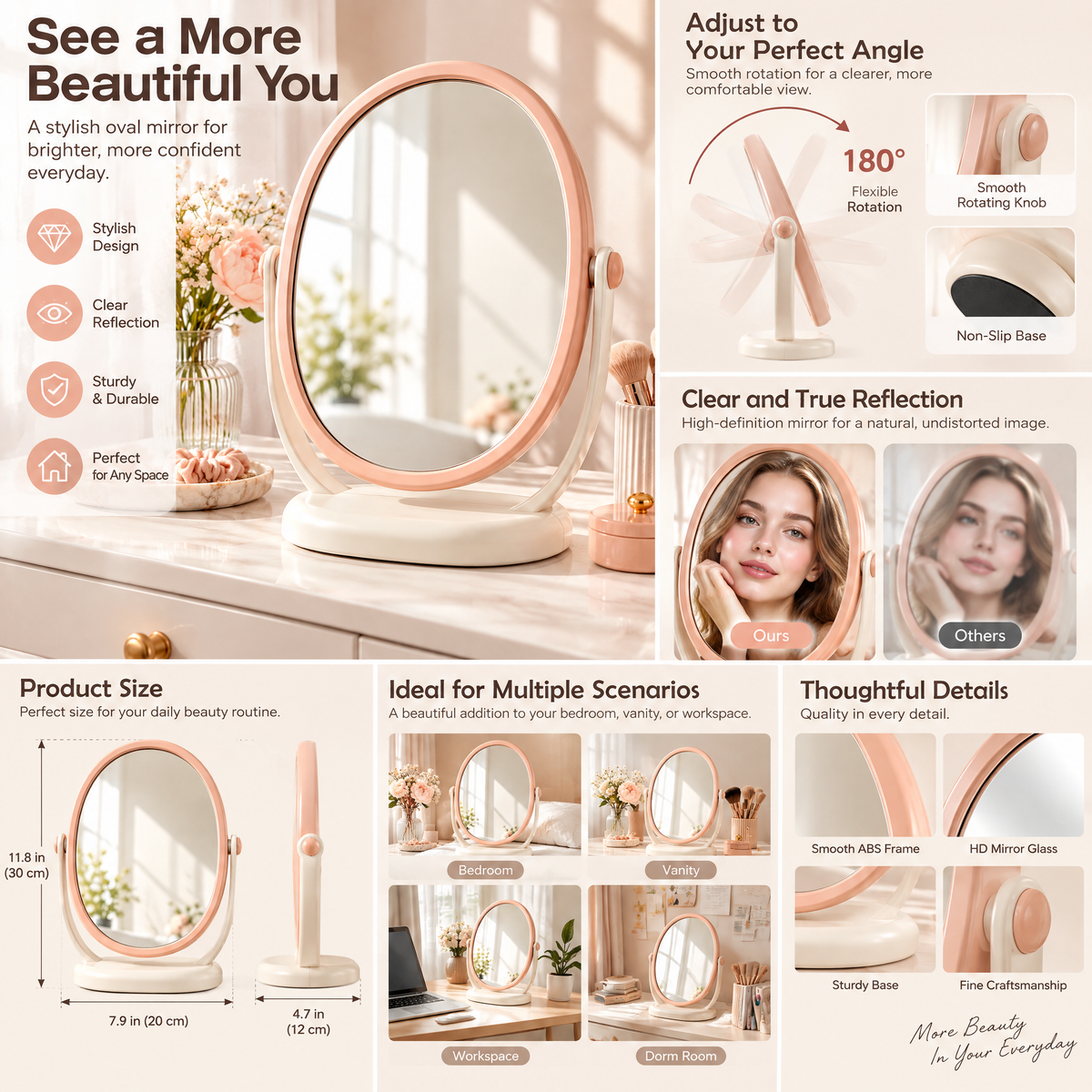 xezvynuq Peach Oval Tilting Vanity Mirror — features and use